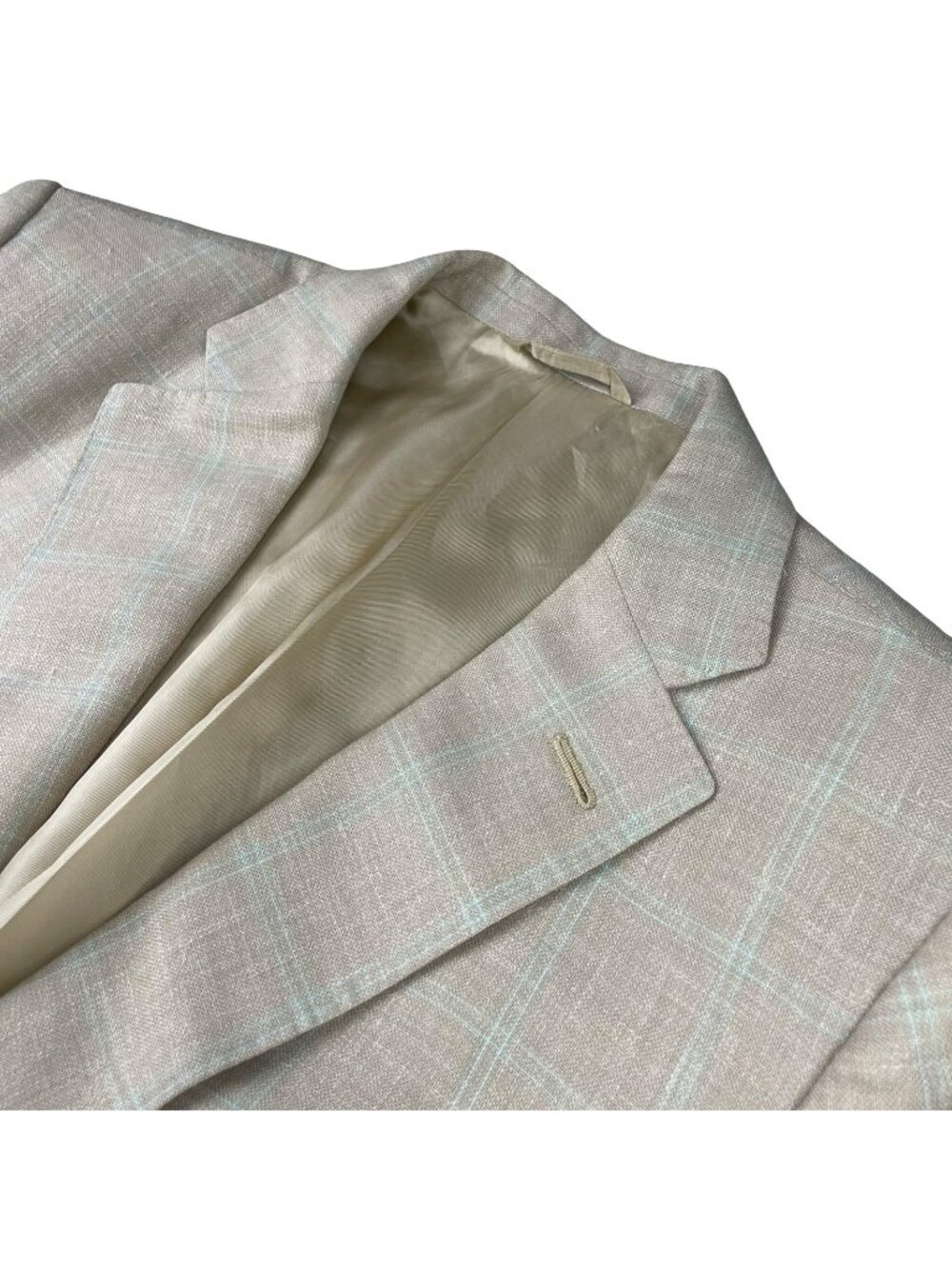 Astor & Black Men's Bespoke 100% Linen 2-Button Blazer Beige/Blue Plaid • 40S